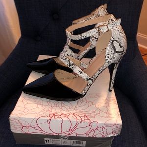 Black faux patent leather & snake skin print heels